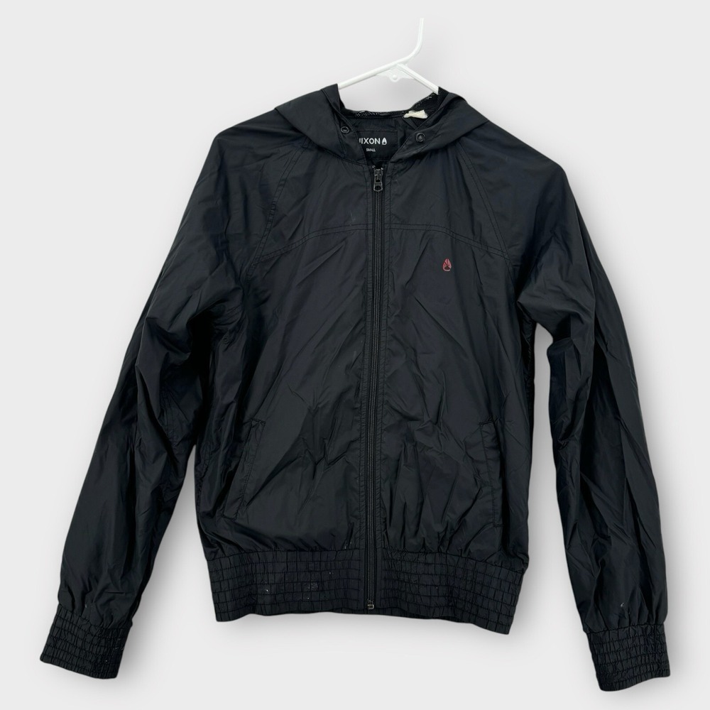 Nixon Windbreaker Jacket Womens Small Black Hooded Full Zip Packable Lightweight